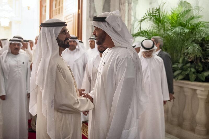 DUBAI, UNITED ARAB EMIRATES -June 09, 2018: HH Sheikh Mohamed bin Zayed Al Nahyan, Crown Prince of Abu Dhabi and Deputy Supreme Commander of the UAE Armed Forces (R), speaks with HH Sheikh Mohamed bin Rashid Al Maktoum, Vice-President, Prime Minister of the UAE, Ruler of Dubai and Minister of Defence (L) after an Iftar reception at Zabeel Palace.

( Abdullah Al Junaibi for the Crown Prince Court - Abu Dhabi )
---