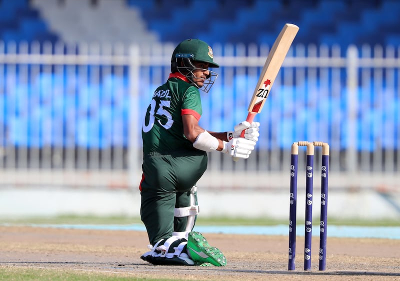 Bangladesh's Prantik Nabil bats at the Sharjah Cricket Stadium.