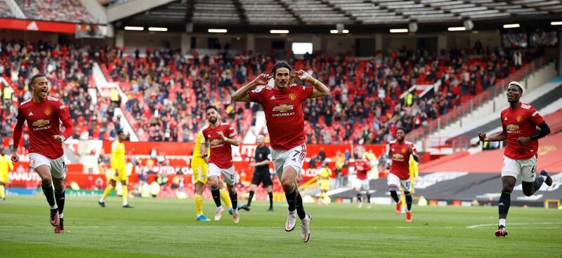 Manchester United striker Edison Cavani celebrates scoring in their Premier League draw with Fulham at Old Trafford on Tuesday, May 18. EPA