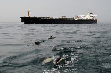 Dolphins swim in front of the Iranian oil tanker Grace 1 as it sits anchored off Gibraltar after being seized earlier this month by British Royal Marines. Reuters