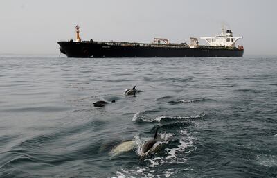 Dolphins swim in front of the Iranian oil tanker Grace 1 as it sits anchored after it was seized earlier this month by British Royal Marines off the coast of the British Mediterranean territory on suspicion of violating sanctions against Syria, in the Strait of Gibraltar, southern Spain July 20, 2019. REUTERS/Jon Nazca