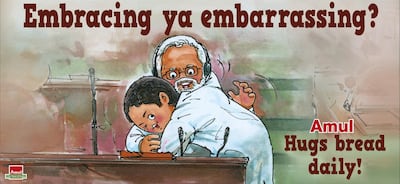 The ad Amul issued after Rahul Gandhi hugged Indian Prime Minister Narendra Modi in Parliament. Courtesy Amul / daCunha Communications