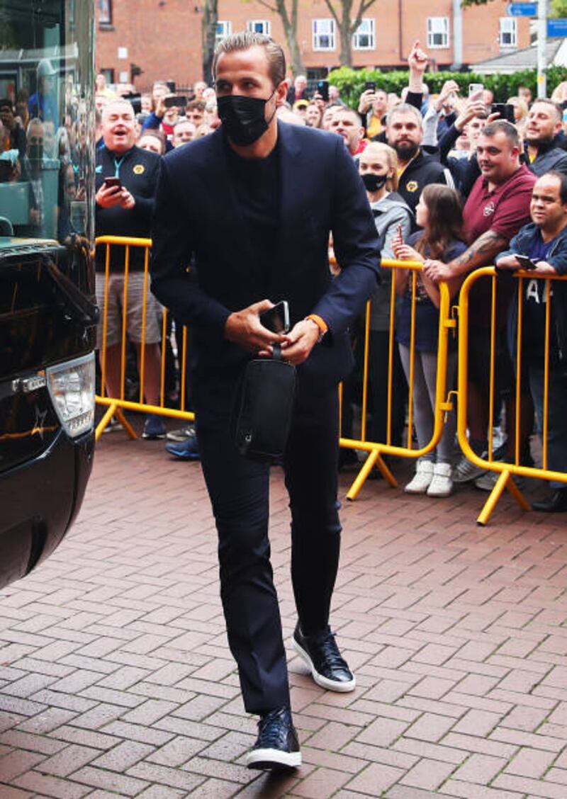 Harry Kane arrives at the Molineux for the match against Wolves. Getty