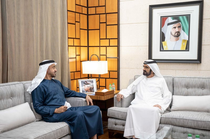 Sheikh Mohammed bin Rashid, Vice President and Ruler of Dubai, receives Sheikh Mohamed bin Zayed, Crown Prince of Abu Dhabi and Deputy Supreme Commander of the Armed Forces.