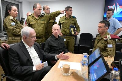 Israeli Prime Minister Benjamin Netanyahu, left, during a situation assessment meeting in Tel Aviv. EPA 