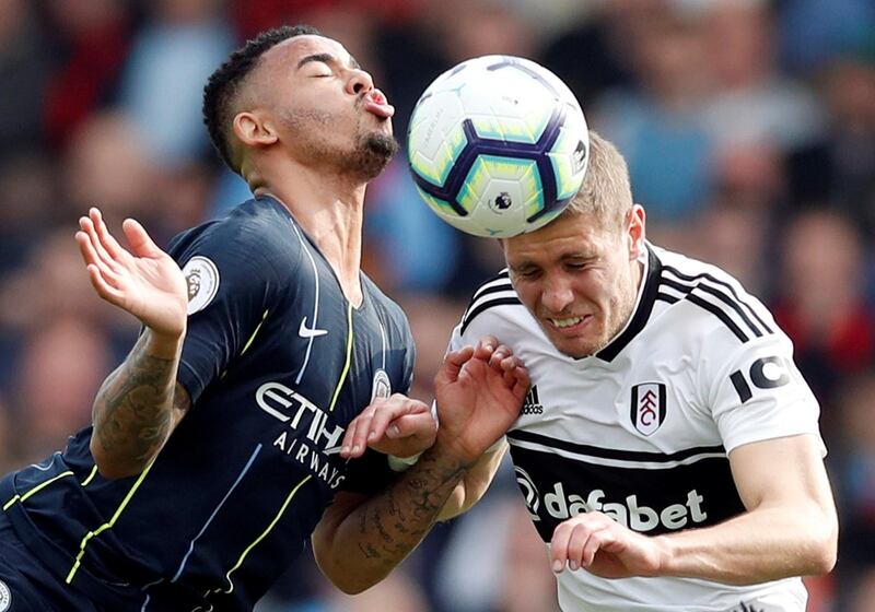 Manchester City's Gabriel Jesus in action with Fulham's Maxime Le Marchand. Reuters