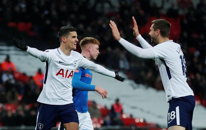 Soccer Football - FA Cup Fifth Round Replay - Tottenham Hotspur vs Rochdale - Wembley Stadium, London, Britain - February 28, 2018   Tottenham's Erik Lamela celebrates with Fernando Llorente after scoring a goal which is later disallowed by VAR (Video Assistant Referee)    REUTERS/Eddie Keogh
