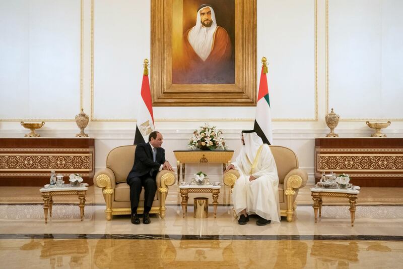 ABU DHABI, UNITED ARAB EMIRATES - November 13, 2019: HH Sheikh Mohamed bin Zayed Al Nahyan, Crown Prince of Abu Dhabi and Deputy Supreme Commander of the UAE Armed Forces (R) speaks with HE Abdel Fattah El Sisi, President of Egypt (L) during his arrival at the Presidential Airport.

( Hamad Al Kaabi / Ministry of Presidential Affairs )
---