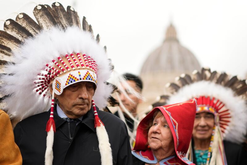 Former national chief of the Assembly of First Nations, Phil Fontaine, stands outside St Peter's Square at the end of a meeting with Pope Francis at the Vatican on March 31, 2022. AP