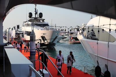 DUBAI , UNITED ARAB EMIRATES , February 26 – 2019 :- Visitors looking boats and yachts at the Dubai International Boat Show held in Dubai. ( Pawan Singh / The National ) For News/Instagram/Big Picture. Story by Nick Webster