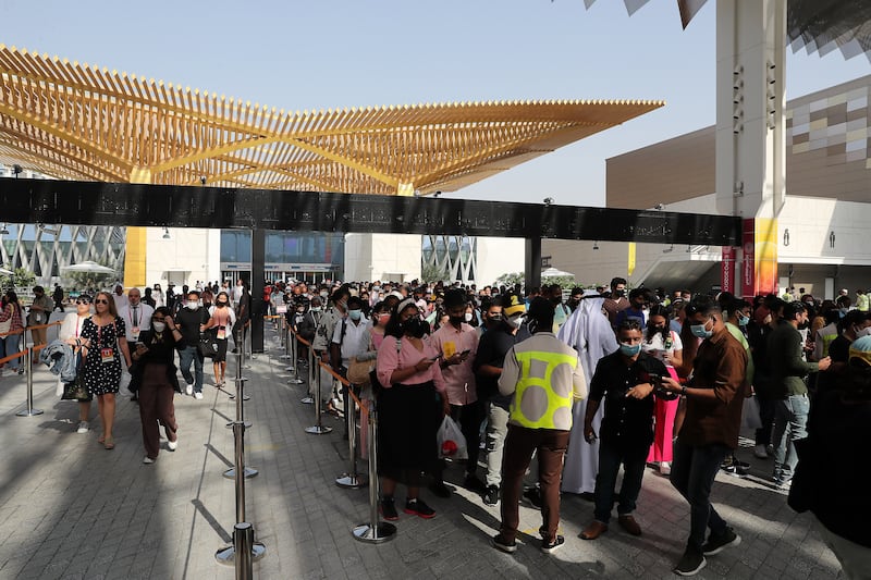 Expo staff at the site entrances faced a busy start to the final day. Pawan Singh / The National
