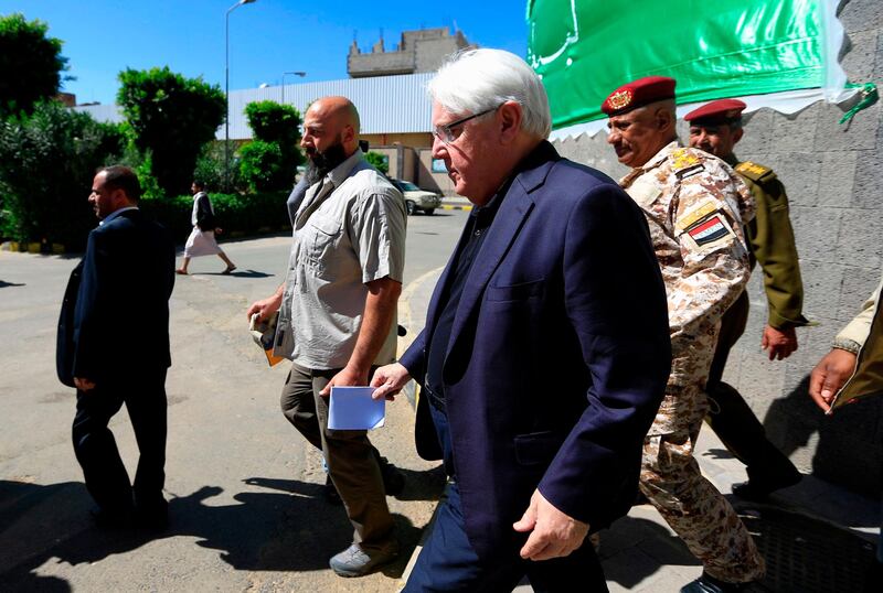 UN envoy to Yemen Martin Griffiths (C) leaves after a meeting with the President of the Huthi Revolutionary Committee, in the capital Sanaa, on November 24, 2018. In a possible breakthrough despite government scepticism, the envoy said that he discussed with Huthi rebel officials "how the UN could contribute to keeping the peace" in the key port city of Hodeida.
Griffiths met a Yemeni rebel leader in insurgent-held Sanaa Saturday and is to follow up by holding talks with Yemen's government in Riyadh, a UN source said. / AFP / Mohammed HUWAIS
