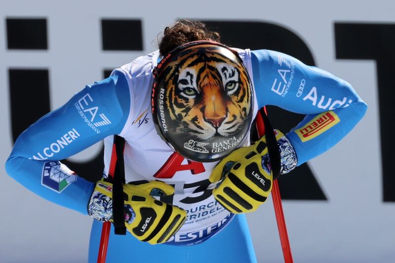 A tiger is depicted on the helmet of Italian skier Federica Brignone in Meribel, France. AP