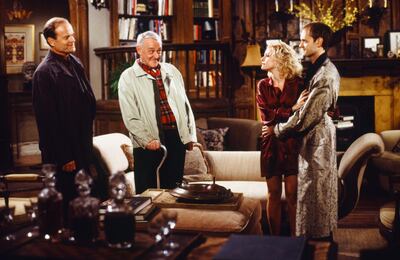 FRASIER -- "Shutout in Seattle: Part 1" Episode 23 -- Pictured: (l-r) Kelsey Grammer as Dr. Frasier Crane, John Mahoney as Martin Crane. Jessica Cauffiel as Kit, David Hyde Pierce as Dr. Niles Crane  (Photo by Gale M. Adler/NBCU Photo Bank/NBCUniversal via Getty Images via Getty Images)