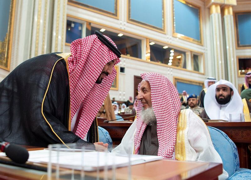 Saudi Crown Prince Mohammed bin Salman speaks with Grand Mufti Sheikh Abdulaziz in Riyadh, Saudi Arabia. Reuters