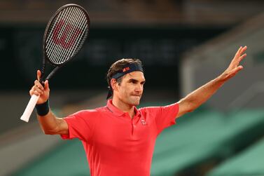 PARIS, FRANCE - JUNE 05: Roger Federer of Switzerland celebrates after winning match point during his Men's Singles third round match against Dominik Koepfer of Germany on day seven of the 2021 French Open at Roland Garros on June 05, 2021 in Paris, France. (Photo by Julian Finney/Getty Images)