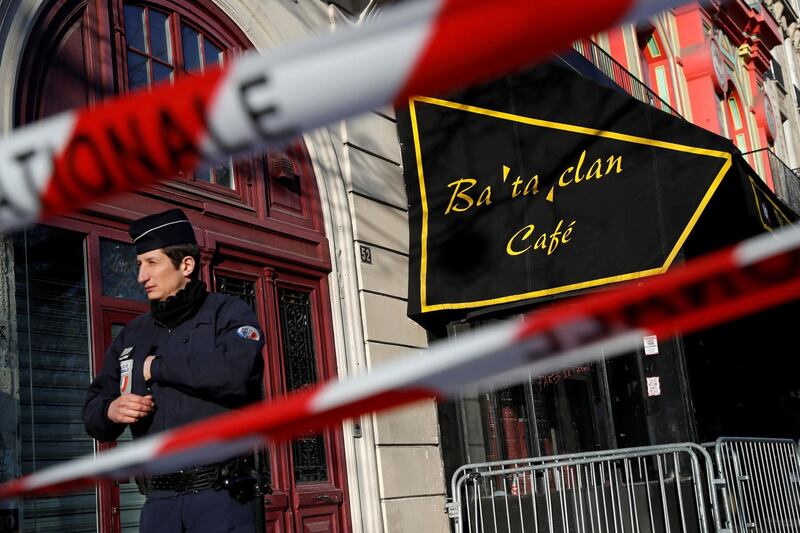 FILE PHOTO: French police block the access to the Bataclan concert hall before the visit of members of a French parliamentary committee investigating government measures to fight shooting and bombing attacks at the site four months after a series of attacks at several sites in Paris, France, March 17, 2016. REUTERS/Benoit Tessier/File Photo