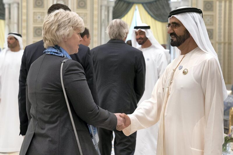 ABU DHABI, UNITED ARAB EMIRATES - May 20, 2018: HH Sheikh Mohamed bin Rashid Al Maktoum, Vice-President, Prime Minister of the UAE, Ruler of Dubai and Minister of Defence (R) receives a foreign Ambassador during an iftar reception at the Presidential Palace.

( Mohamed Al Hammadi / Crown Prince Court - Abu Dhabi )
---