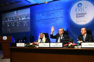 Turkish president Recep Tayyip Erdogan (centre) speaks during the 13th session of the Organization of Islamic Cooperation (OIC), in Istanbul, Turkey, on April 15, 2016. Turkish President Press Office/Handout/EPA 
