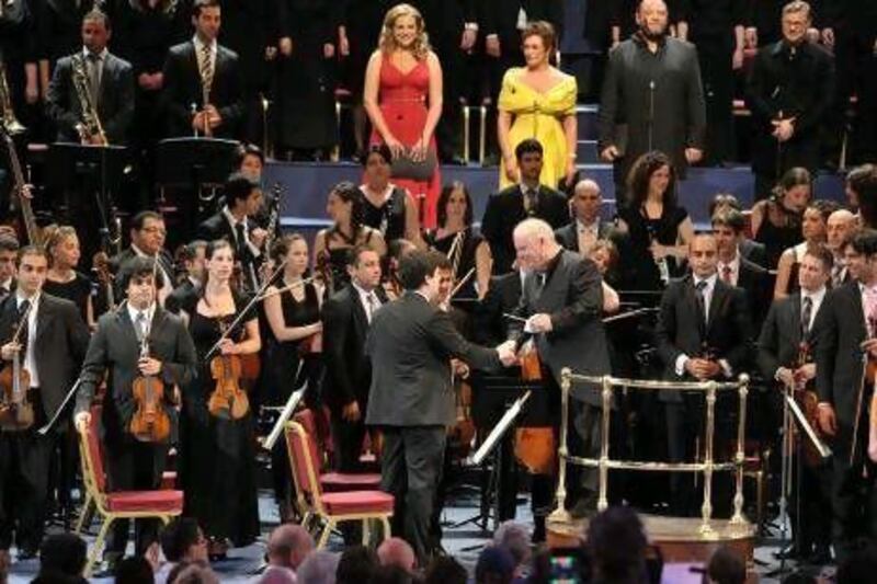 Daniel Barenboim, centre on the stand, and his West-Eastern Divan Orchestra at the BBC Proms. BBC