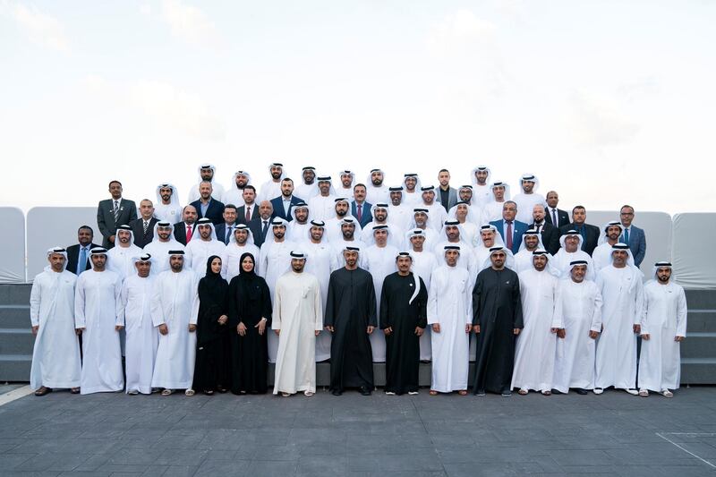 ABU DHABI, UNITED ARAB EMIRATES - January 27, 2020: HH Sheikh Mohamed bin Zayed Al Nahyan, Crown Prince of Abu Dhabi and Deputy Supreme Commander of the UAE Armed Forces (front row 8th R), stands for a photograph with The Organising Committee of the Zayed Charity Marathon, during a Sea Palace barza. Seen with HE Hamad Bin Kardous Al Ameri, General Manager of Zayed Bin Sultan Al Nahyan Foundation for Charitable and Humanitarian Affairs (front row 4th R), HE Mohammed Hilal Al Kaabi, Chairman of International Golden Group (front row 7th R) and Ahmed Al Kaabi, Head of Government Affairs Yas Marina Circuit (front row 9th R).

( Hamad Al Kaabi / Ministry of Presidential Affairs )​
---