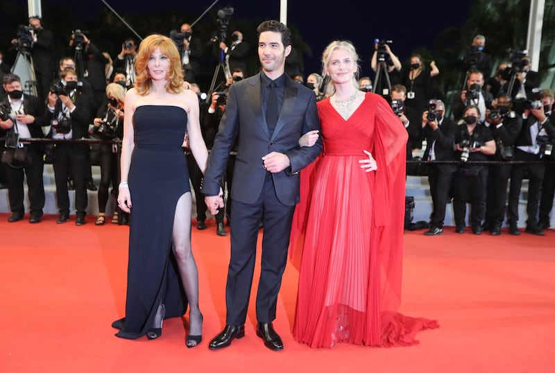 Mylene Farmer, Tahar Rahim and Melanie Laurent attend the screening of 'Flag Day' at the 74th annual Cannes Film Festival on July 10, 2021.