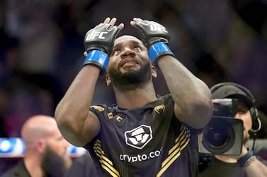 UFC fighter Leon Edwards, of Jamaica, celebrates his title as welterweight champion of the world after knocking out Nigerian UFC fighter Kamaru Usman during the UFC 278 mixed martial arts title bout in Salt Lake City on Saturday, Aug.  20, 2022.  (Francisco Kjolseth / The Salt Lake Tribune via AP)