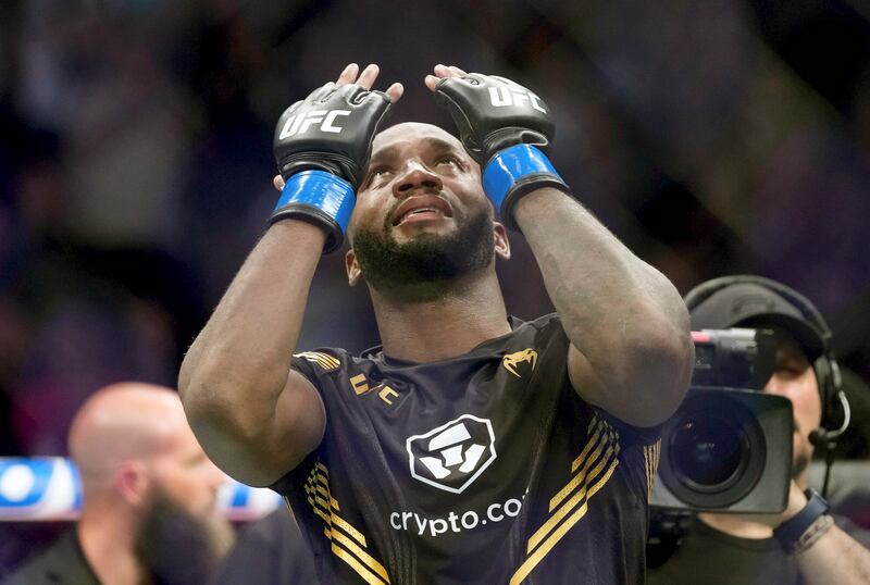 Leon Edwards celebrates his welterweight title after knocking out Kamaru Usman during UFC 278 in Salt Lake City on Saturday, August 20, 2022. AP