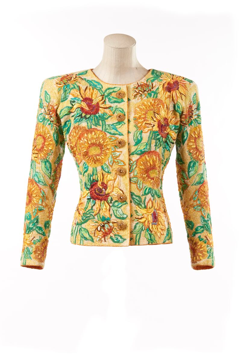 A 1988 embroidered jacket by Saint Laurent inspired by Van Gogh's 'Sunflowers'. The garment took 600 hours and 350,000 sequins to be made. Photo: Musee Yves Saint Laurent