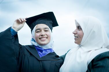 Closeup portrait of Arab Muslim teen girl during graduation ceremony