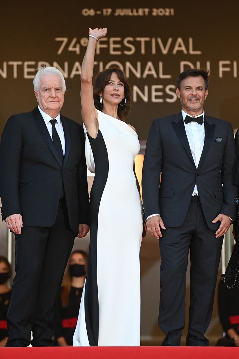 Andre Dussollier, Sophie Marceau and Francois Ozon attend the screening of 'Tout s'est Bien Passe' at the 74th annual Cannes Film Festival on July 7, 2021.