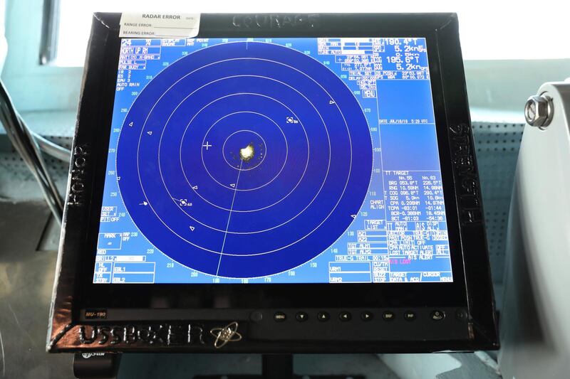 A radar is seen on the monitoring tower of USS Boxer.