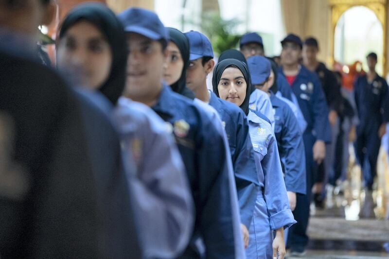 ABU DHABI, UNITED ARAB EMIRATES - August 06, 2019: Members of the Ministry of Education 'Giving Ambassadors', attend a Sea Palace barza.

( Mohamed Al Hammadi / Ministry of Presidential Affairs )
---