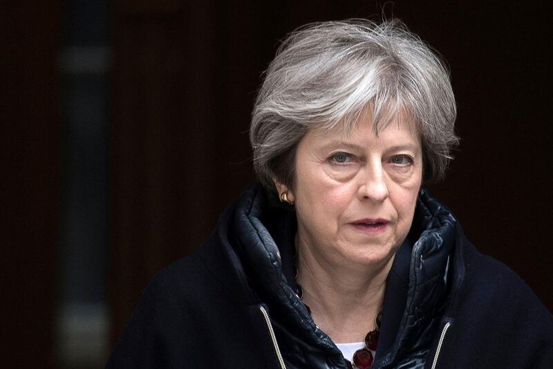 epa06603129 Britain's Prime Minister Theresa May leaves No. 10 Downing Street to attend the Prime Minister's Questions in the Houses of Commons, in London, Britain, 14 March 2018. Mrs May is expected to update the Commons on Britain's reaction to the alleged involvement of Russia in the poisoning of ex-Russian spy Sergei Skripal and his daughter who were attacked with a nerve agent on 04 March 2018 in Salisbury.  EPA/WILL OLIVER