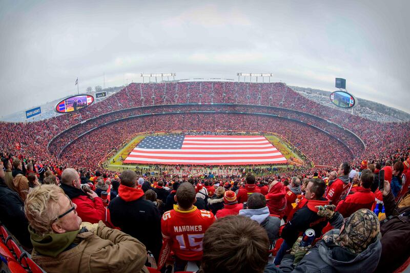 A general view of the stadium and fans and the American flag before the game between the Kansas City Chiefs and the Houston Texans in a AFC Divisional Round play-off.  Reuters