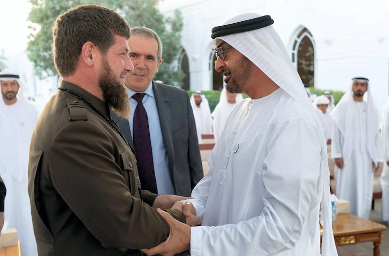 ABU DHABI, UNITED ARAB EMIRATES - November 19, 2018: HH Sheikh Mohamed bin Zayed Al Nahyan, Crown Prince of Abu Dhabi and Deputy Supreme Commander of the UAE Armed Forces (R), receives HE Ramzan Kadyrov President of Chechnya (L), during a Sea Palace barza.



( Rashed Al Mansoori / Ministry of Presidential Affairs )
---