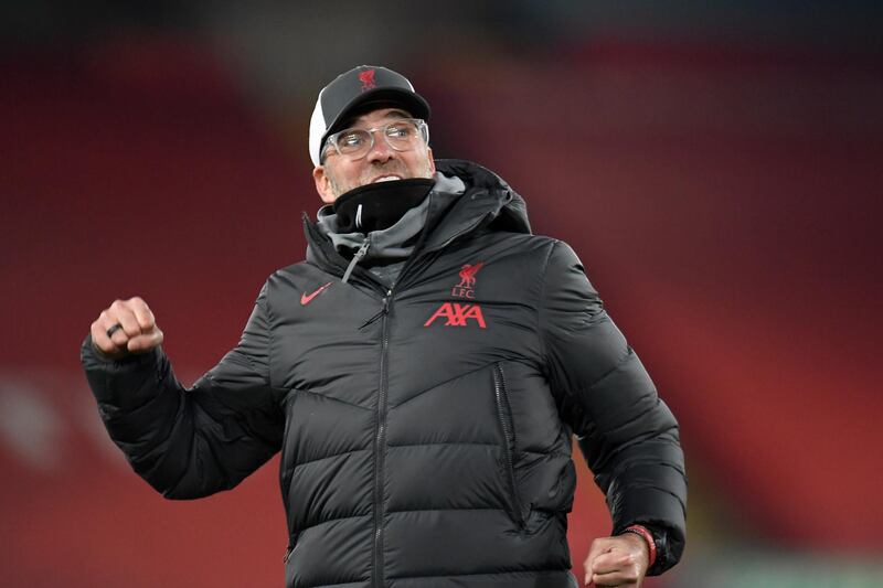 Liverpool manager Jurgen Klopp punches the air at the end of the Premier League win against Wolves. AP