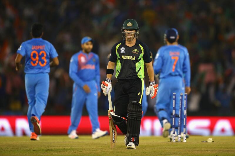 MOHALI, INDIA - MARCH 27:  David Warner of Australia looks dejected after being dismissed by Ravichandran Ashwin of India during the ICC WT20 India Group 2 match between India and Australia at I.S. Bindra Stadium on March 27, 2016 in Mohali, India.  (Photo by Ryan Pierse/Getty Images)