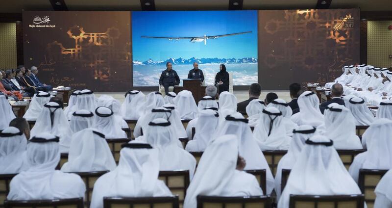 Andre Borschberg, left, and Bertrand Piccard deliver the Solar Impulse: One Year On lecture at the Ramadan majlis. Hamad Al Kaabi and Ryan Carter/ Crown Prince Court – Abu Dhabi