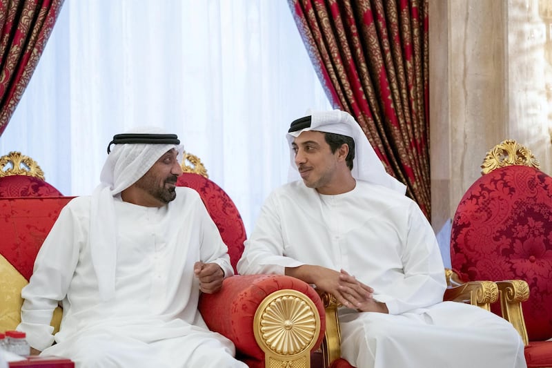 DUBAI, UNITED ARAB EMIRATES - May 19, 2019: HH Sheikh Mansour bin Zayed Al Nahyan, UAE Deputy Prime Minister and Minister of Presidential Affairs, attends an iftar reception hosted by HH Sheikh Mohamed bin Rashid Al Maktoum, Vice-President, Prime Minister of the UAE, Ruler of Dubai and Minister of Defence (not shown), at Zabeel Palace. 

( Mohamed Al Hammadi / Ministry of Presidential Affairs )
---