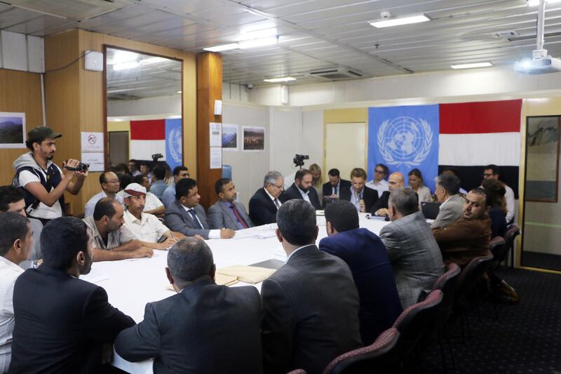 epa07828262 Negotiators from Yemenâ€™s government (L) and Houthi rebels (R) hold UN-mediated peace talks aboard a UN ship in the Red Sea off the coast of the city of Hodeidah, Yemen 08 September 2019. According to reports, negotiators from Yemenâ€™s internationally recognized government and the Houthi rebels  have resumed UN-mediated peace talks aboard a UN ship in the Red Sea off Yemeni coast to discuss strengthening a ceasefire deal and activating a new procedure for de-escalation in Hodeidah.  EPA/STRINGER
