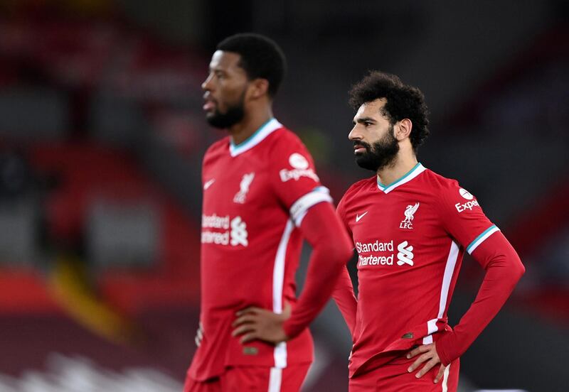 Liverpool's Mohamed Salah and Georginio Wijnaldum during the defeat at home to Everton in the last game at Anfield. Reuters