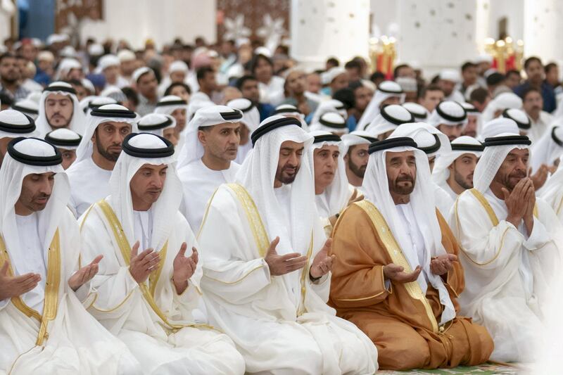 ABU DHABI, UNITED ARAB EMIRATES -June 15, 2018: HH Sheikh Mohamed bin Zayed Al Nahyan Crown Prince of Abu Dhabi Deputy Supreme Commander of the UAE Armed Forces (3rd L) attends Eid Al Fitr prayers at Sheikh Zayed Grand Mosque. Seen with HH Sheikh Saeed bin Zayed Al Nahyan, Abu Dhabi Ruler's Representative (L), HH Sheikh Hazza bin Zayed Al Nahyan, Vice Chairman of the Abu Dhabi Executive Council (2nd L), HH Sheikh Saif bin Mohamed Al Nahyan (4th L) andHH Sheikh Suroor bin Mohamed Al Nahyan (R).

( Eissa Al Hammadi for Crown Prince Court - Abu Dhabi )
---