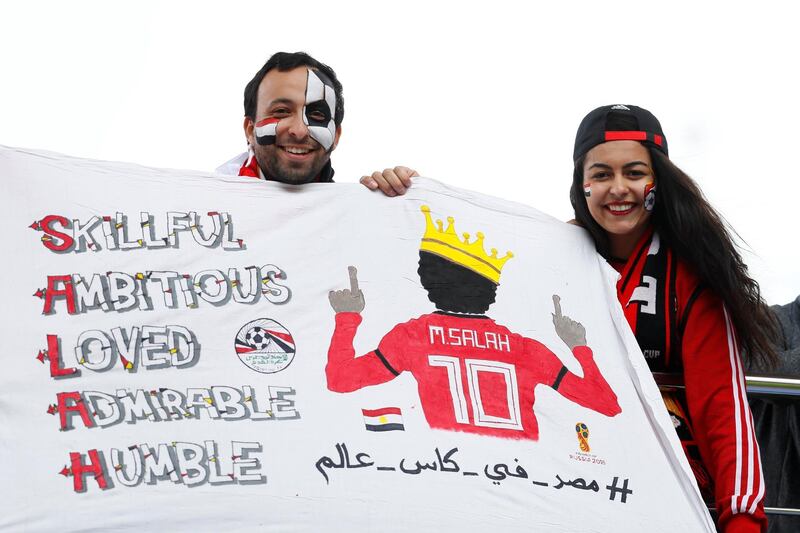 Egypt fans with a Mohamed Salah banner before the Egypt vs Uruguay match at Ekaterinburg Arena, Yekaterinburg. Jason Cairnduff / Reuters