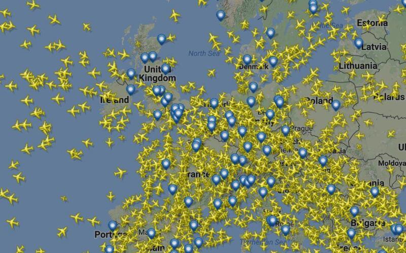 The United Kingdom faced a record number of flights, as shown in this still of planes flying in and out of the country this afternoon (FLIGHT RADAR)