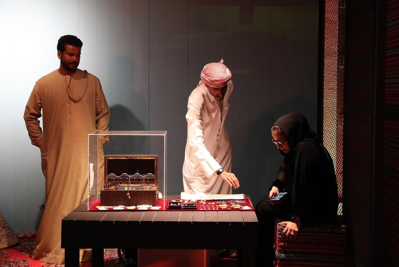 DUBAI, UNITED ARAB EMIRATES, Jan 09  – 2020 :- Visitor looking pearls which are on display during the Al Shindagha Days culture festival held at Al Shindagha Heritage District in Dubai.  (Pawan Singh / The National) Photo essay for Weekend. Story by Katy Gillett 