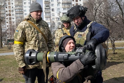 Ukrainian Territorial Defence Forces members train to use an NLAW anti-tank weapon in Kyiv.  AP Photo 