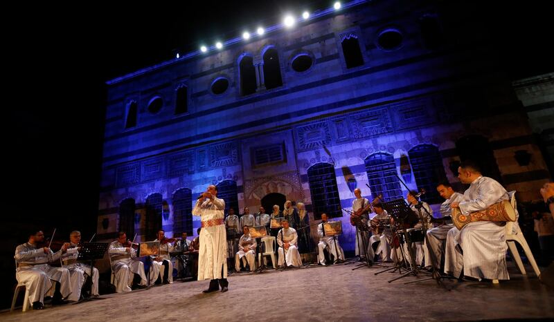 The Sultans of Tarab perform traditional Syrian music at the ancient palace of Damascus on July 27, 2019. EPA