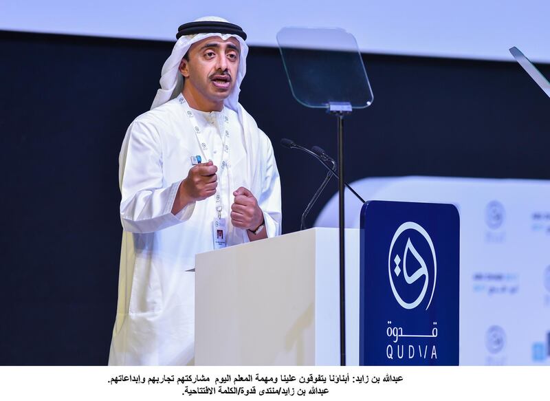 Sheikh Abdullah bin Zayed, Minister for Foreign Affairs and International Co-operation, speaks at the third annual Qudwa 2017 Global Teachers' Forum. On Tuesday, he said the UAE's education system would be reconsidered to prepare for AI. Wam