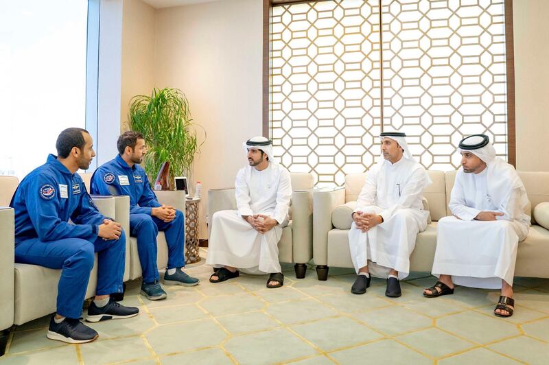 DUBAI, 21st February, 2019 (WAM) -- H.H. Sheikh Hamdan bin Mohammed bin Rashid Al Maktoum, Crown Prince of Dubai and Chairman of the Mohammed bin Rashid Space Centre, received today at his office in Emirates Towers in Dubai, the two Emiratis astronauts Hazza Al Mansoori and Sultan Al Neyadi. Wam